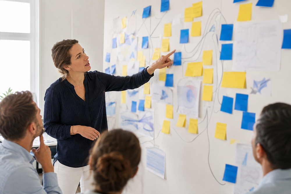 Mur d'atelier couvert de notes jaunes et bleues avec tracés au marqueur