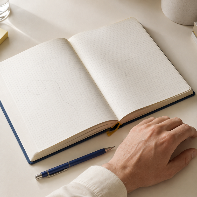 Cahier épais à pages quadrillées ouvert sur un bureau, main posée à côté avec un stylo