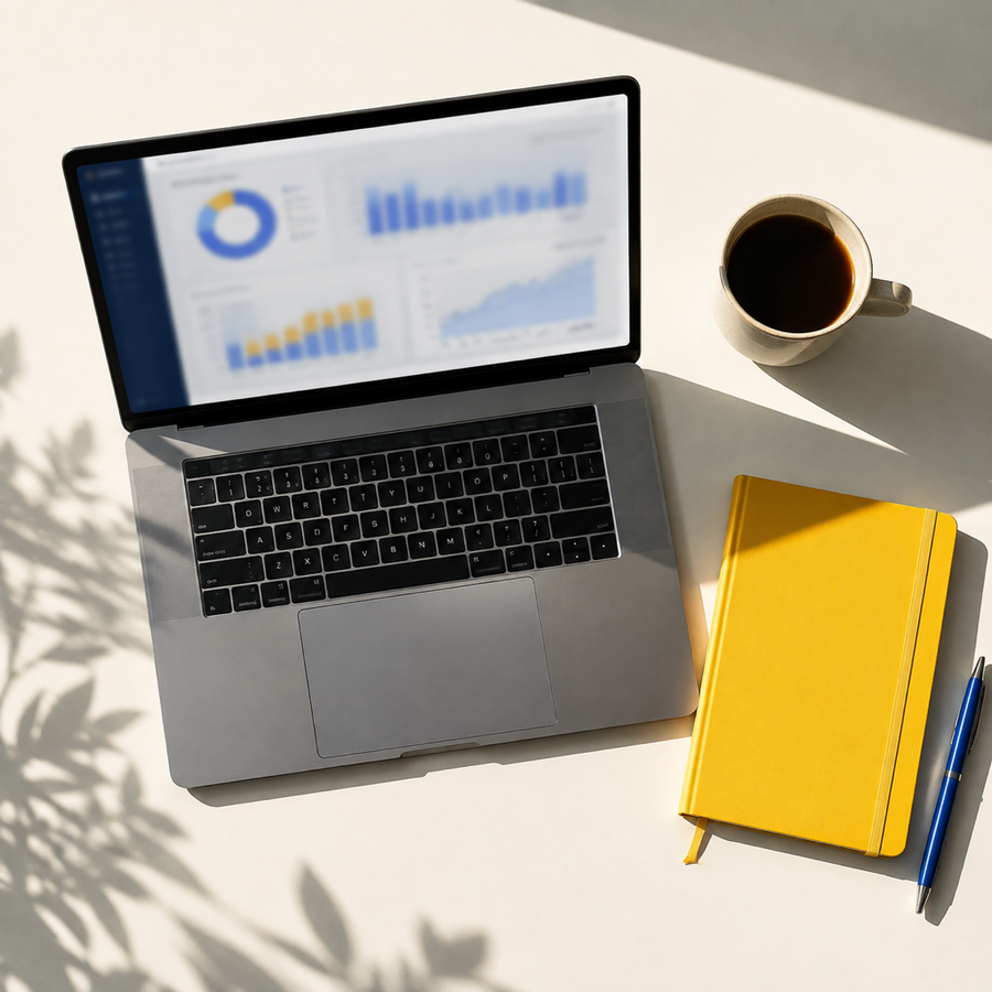 Ordinateur portable en vue du dessus affichant un tableau de bord aux graphiques flous, carnet jaune à côté