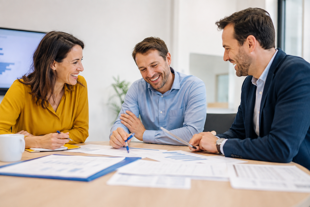 Trois consultants riant autour d'une table couverte de tableaux imprimés, bureau clair et lumineux