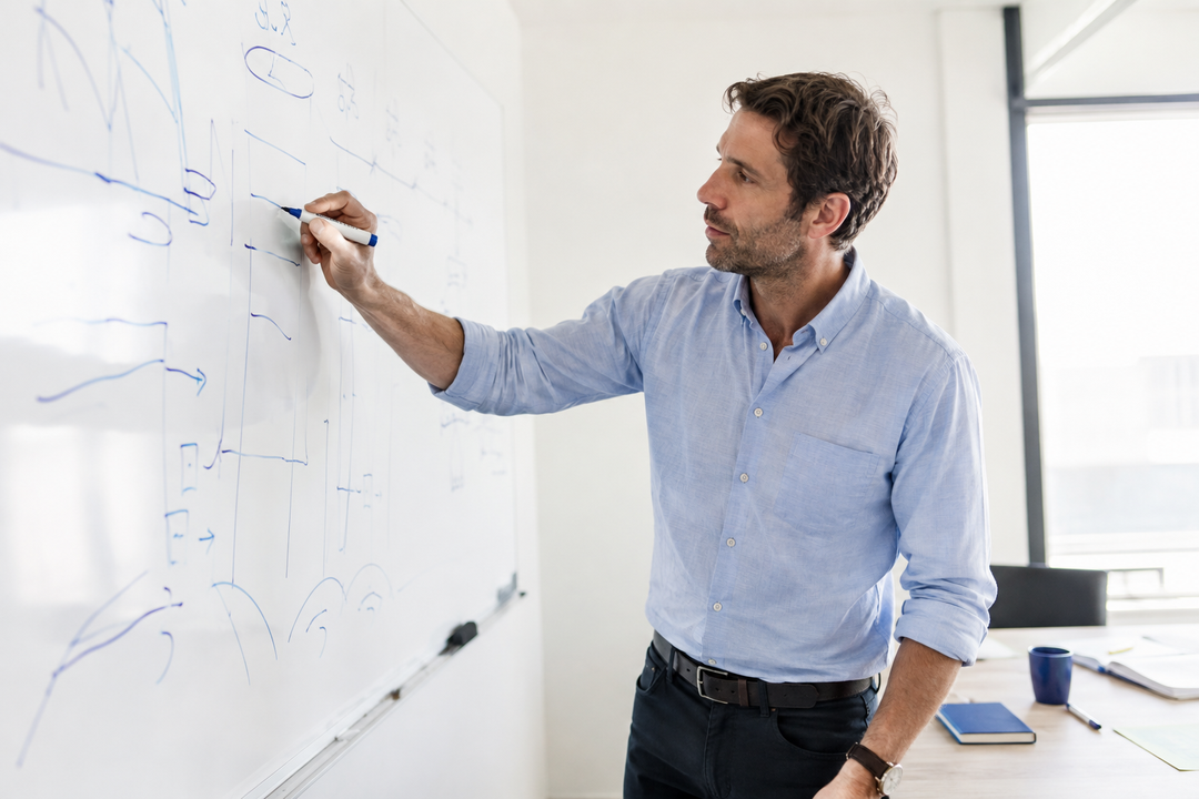 Consultant traçant de grands graphiques au marqueur sur un tableau blanc dans une salle lumineuse